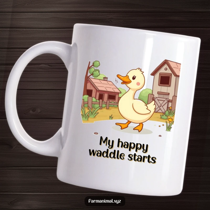 Funny duck waddling happily across a sunny farmyard, spreading joy and humor on this delightful mug.