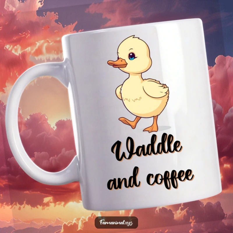 Funny determined duckling waddling energetically with a focused look, depicted on a mug, bringing motivational farm humor.