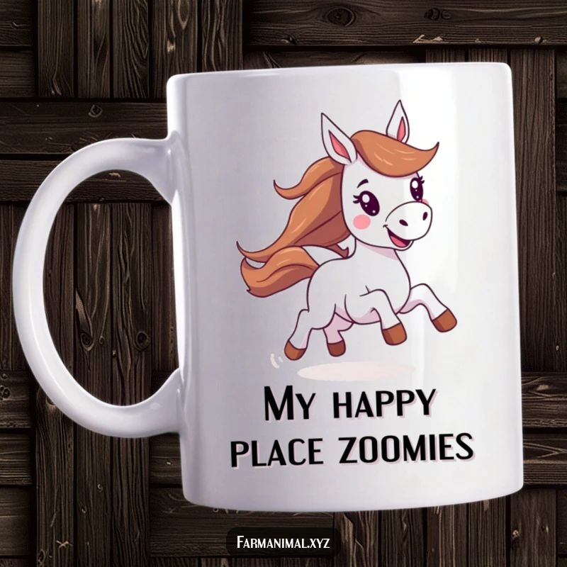 Funny horse mug showing an energetic horse galloping with a big, joyful expression and a sense of pure freedom.