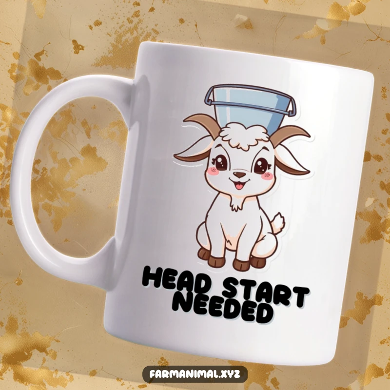 Funny playful goat character balancing a bucket perfectly on its head. A charming and humorous mug design.