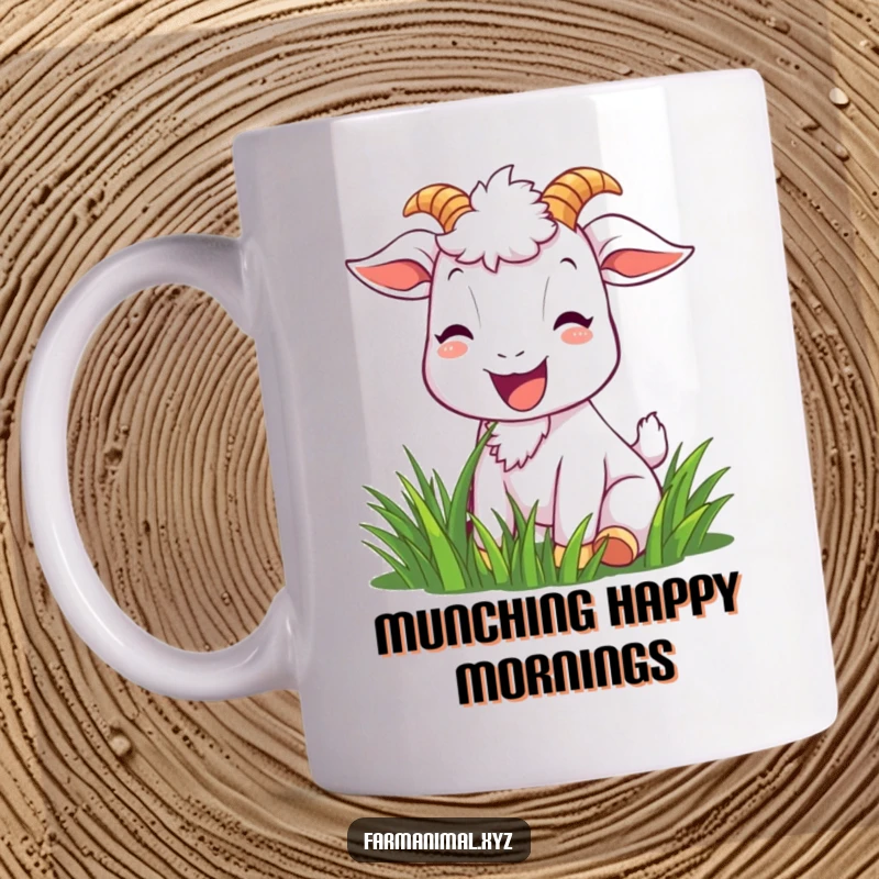 Funny goat mug featuring a joyful goat character with a bright smile, happily munching on green grass in a sunny meadow.