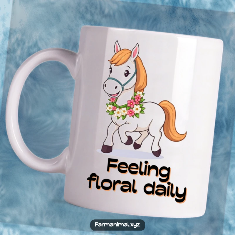 Funny Horse Mug with a floral garland around its neck, joyfully trotting along a path, embodying happiness and a free spirit.