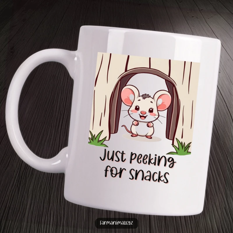 Funny mouse mug, a tiny cheerful mouse peeking out from a rustic barn doorway, full of curiosity and charm, perfect gift.