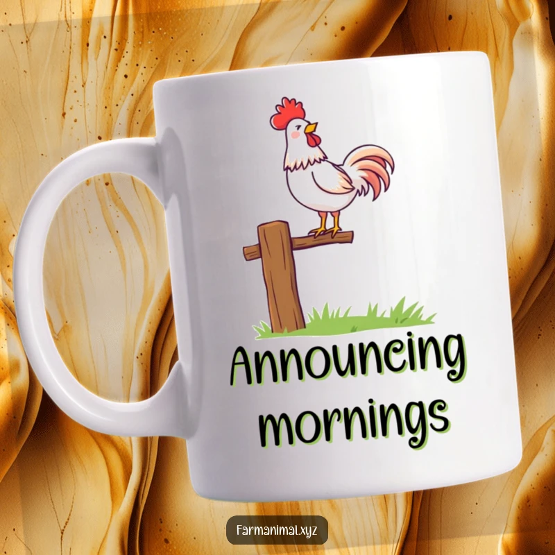 Funny rooster character proudly crowing at the top of a fence post. A vibrant and energetic mug design.