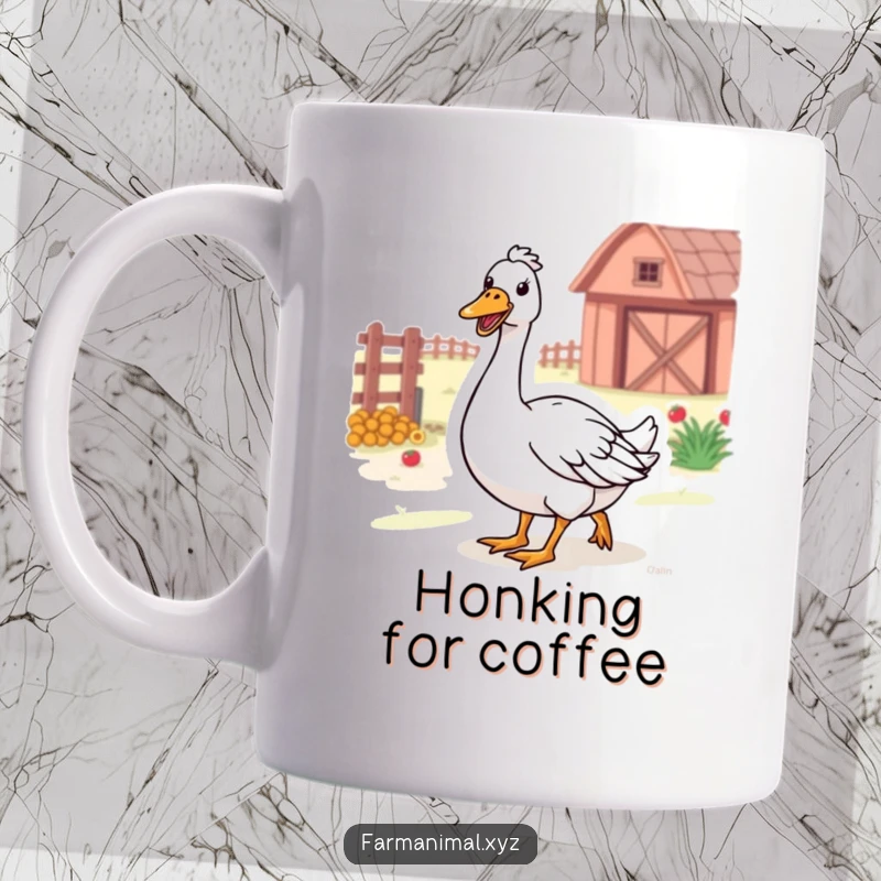 Funny Farm Goose Mug with a happy goose honking while waddling through the farm, full of cheer.