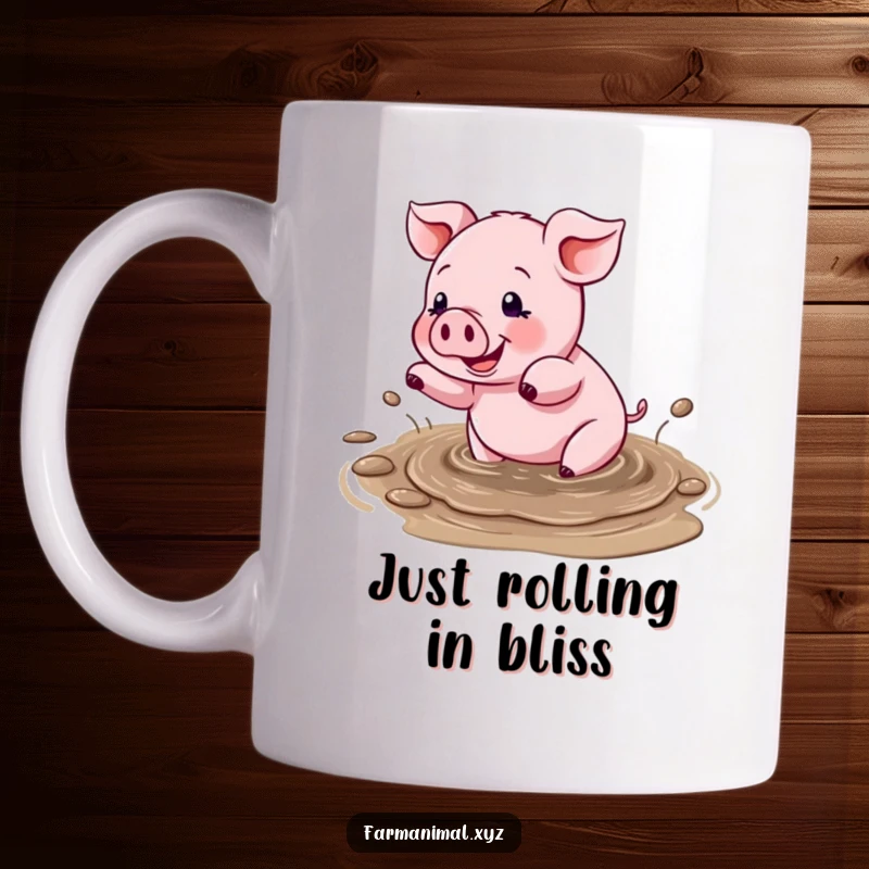 Funny mug showing a happy pig gleefully splashing around in a big, muddy puddle, radiating pure, unadulterated joy.
