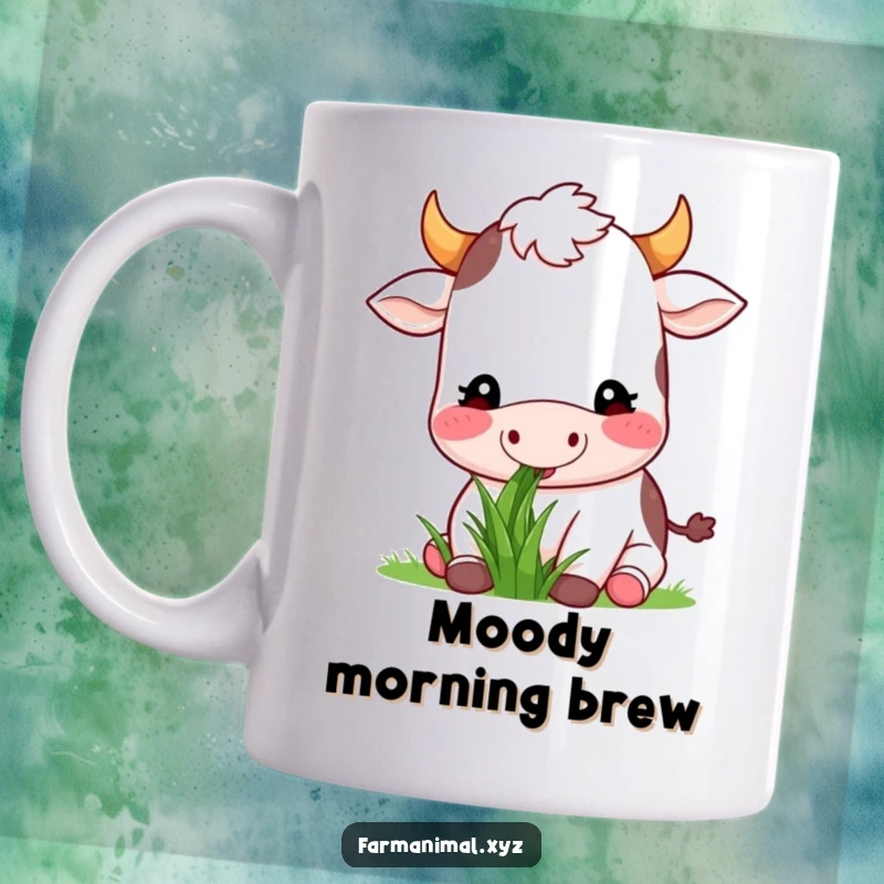 Funny happy cow munching on green grass with a contented smile, depicted on a mug, bringing peaceful farm humor.