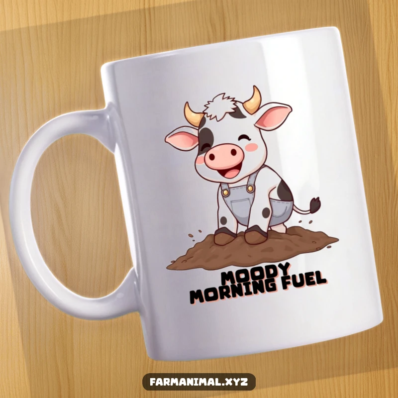 Funny cow wearing overalls happily stomping in mud, a humorous farm animal mug design.