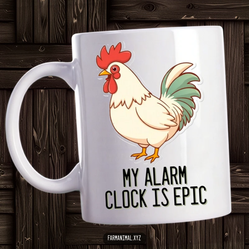 Funny Rooster Crowing Loudly Mug, chest puffed out, signaling morning with a powerful, comical squawk, bringing farmyard humor to your day.