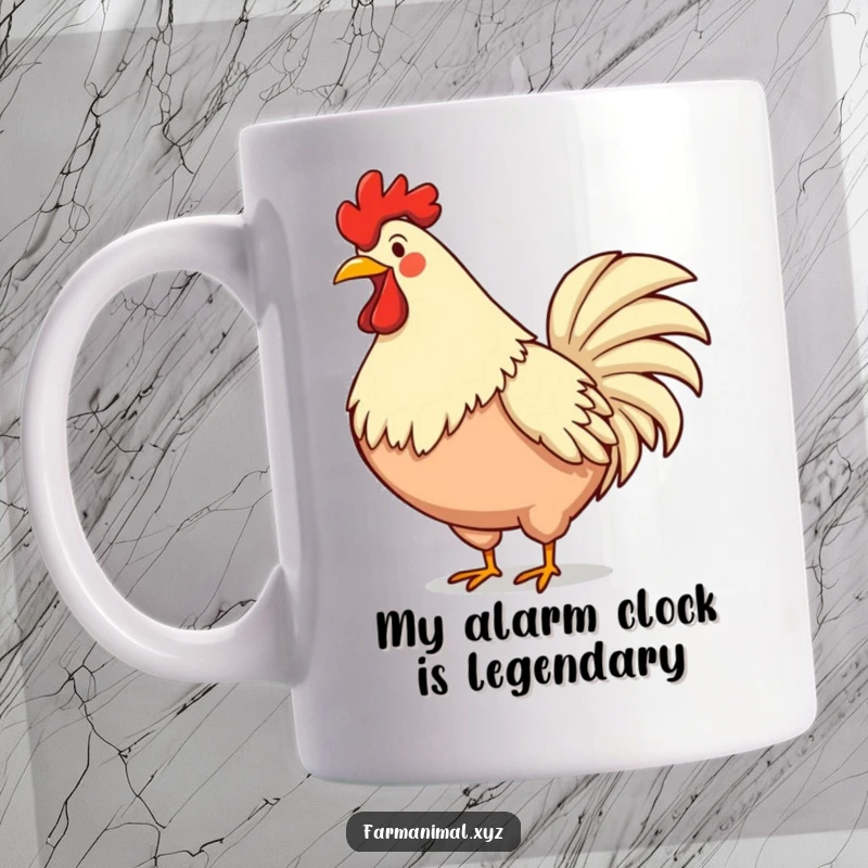 Funny rooster mug featuring a proud, smiling rooster loudly crowing with chest puffed out, embodying morning energy and farm life humor.