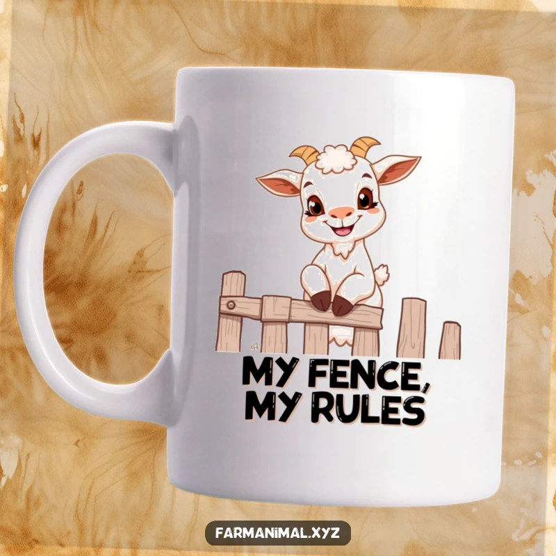 Funny goat mug featuring a small goat with a mischievous grin attempting to climb a wooden fence with humor.