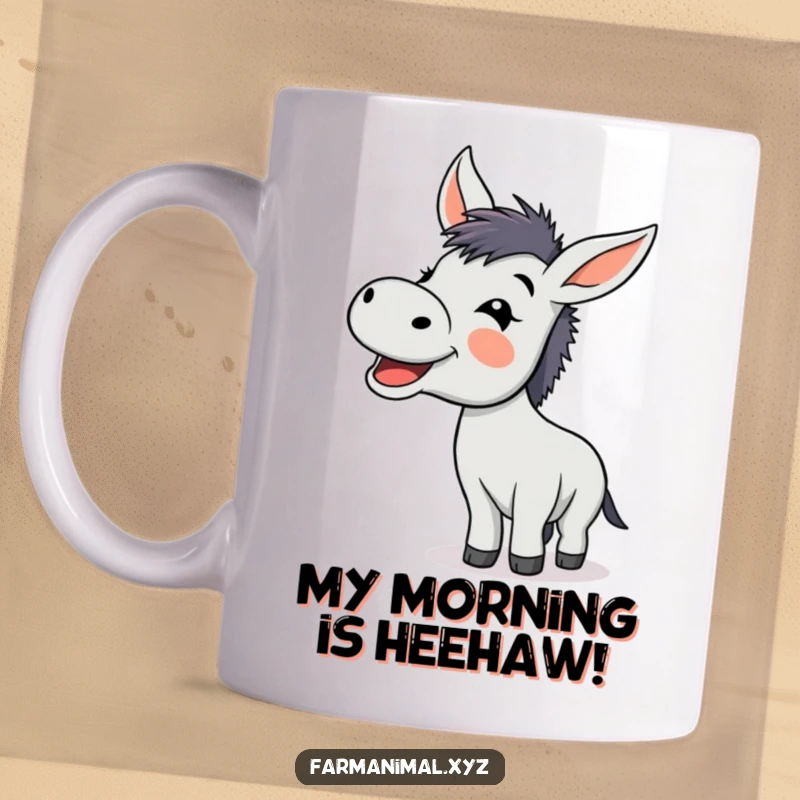 Funny happy donkey braying loudly with glee on a mug, a humorous depiction of farm animal joy.