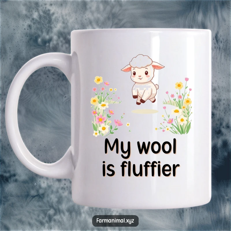 Funny mug with a cute lamb joyfully skipping through a vibrant field of colorful flowers, radiating pure happiness.