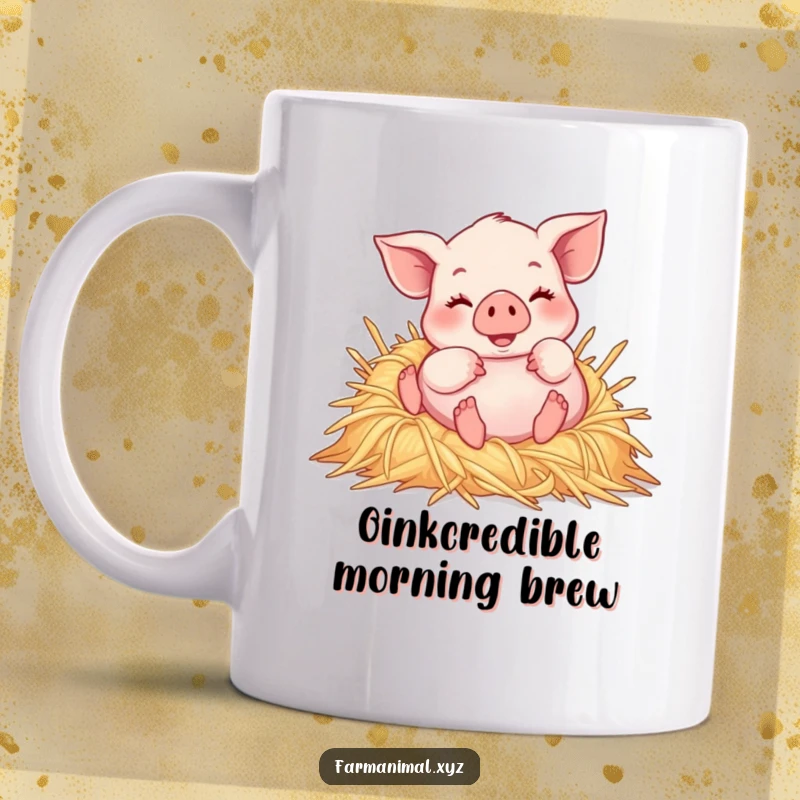 Funny piglet joyfully rolling in a pile of soft straw, a humorous and cute farm animal mug.