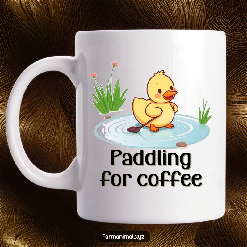 Funny duckling mug showing a happy duckling paddling energetically in a small pond, radiating innocent joy and charm.