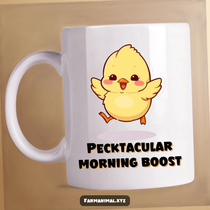 Funny chick mug showing a fluffy chick hopping around with pure excitement and boundless energy.