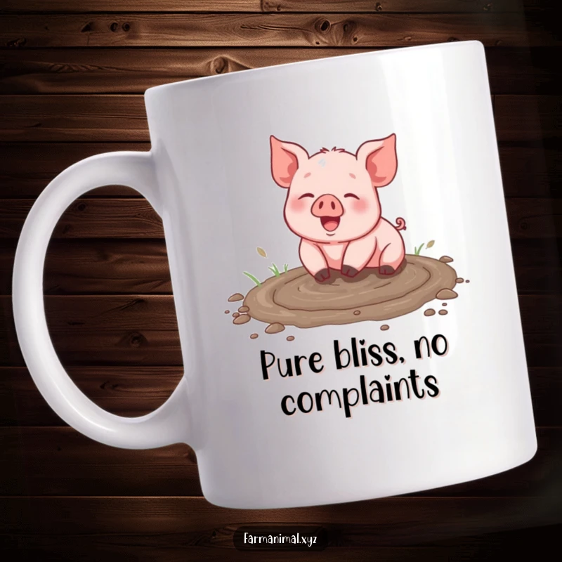 Funny piglet mug joyfully rolling in a muddy puddle, splattering mud with gleeful abandon, a perfect farm animal gift.