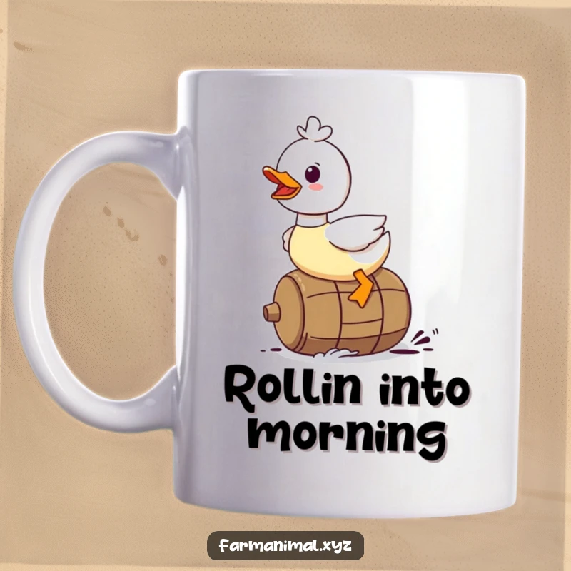 Funny Duck Mug: A duck character gleefully riding on a rolling barrel, looking incredibly happy.