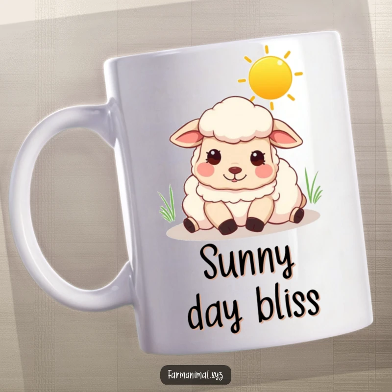 Funny sheep mug showing a content sheep resting peacefully under a bright, sunny sky.