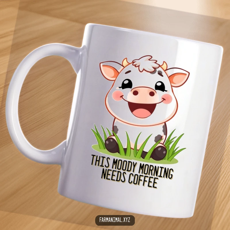 Funny Cow Mug featuring a wide-grinned cow happily munching fresh green grass, radiating pure contentment and rural charm.