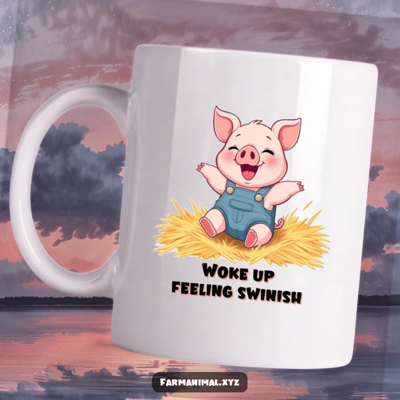 Funny piglet mug showing a happy piglet in overalls gleefully rolling around in a pile of hay.
