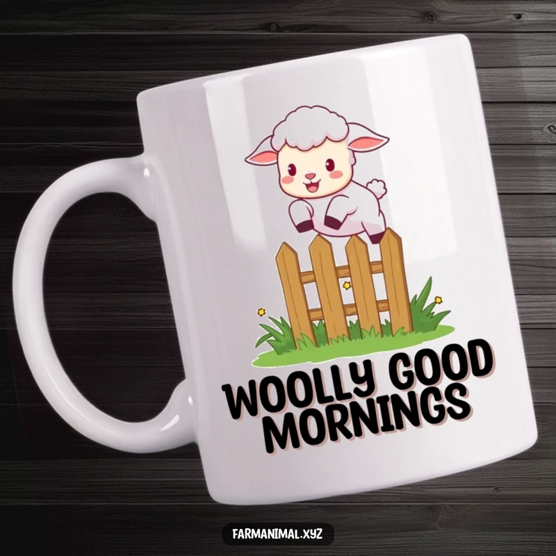 Funny lamb leaping over a small garden fence with excitement, a humorous farm animal mug design.