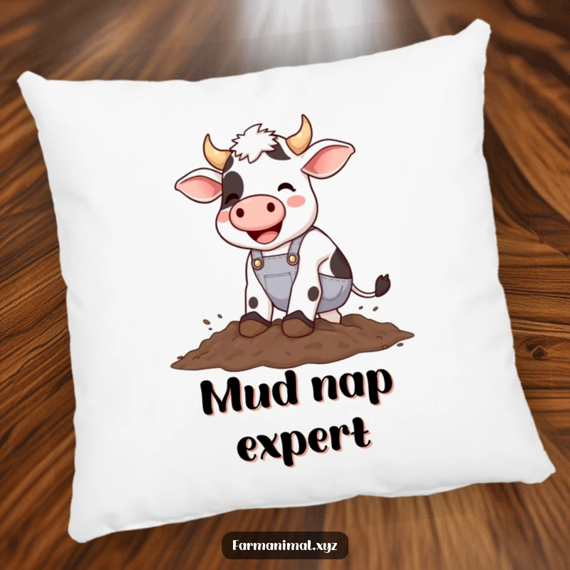 Funny cow wearing overalls happily stomping in mud, a soft humorous pillow for decorative comfort.