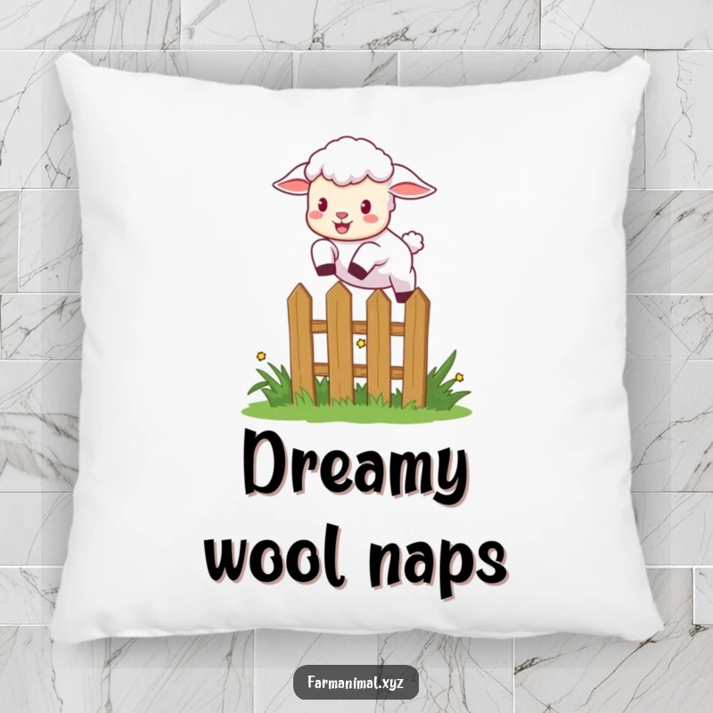 Funny lamb leaping over a small garden fence with excitement, a soft humorous pillow for decorative comfort.