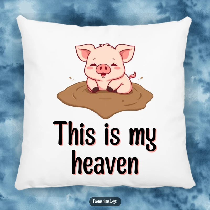 Funny pillow featuring a happy pig rolling in a heart-shaped mud puddle, perfect for cozying up.