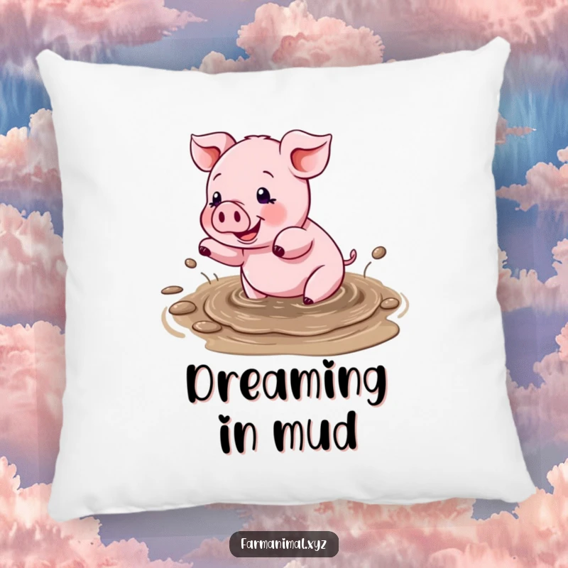 Funny pillow featuring a happy pig splashing in a mud puddle, designed to bring comfort and a dose of playful humor.