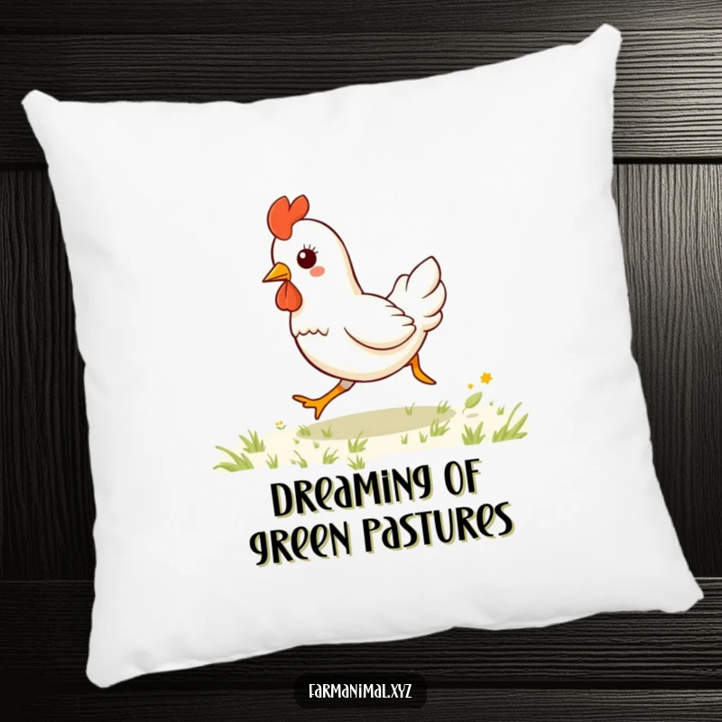 Funny kawaii chicken galloping happily, depicted on a soft, plush pillow, offering a humorous and comforting farm animal accent.
