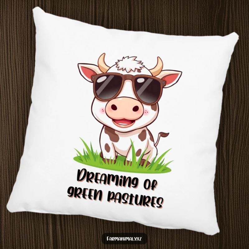 Funny cow wearing sunglasses, happily munching grass, adorning a soft, humorous pillow.