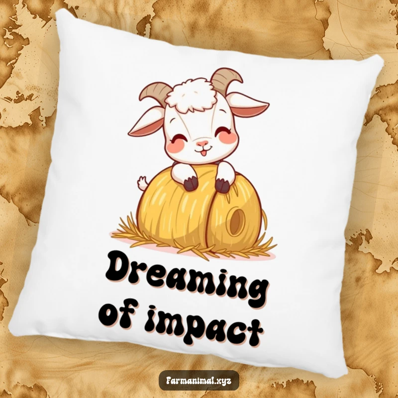 Funny Goat Headbutting Pillow, showing a goat's enthusiastic headbutt on a hay bale, perfect for adding farm-themed comfort and comedy.