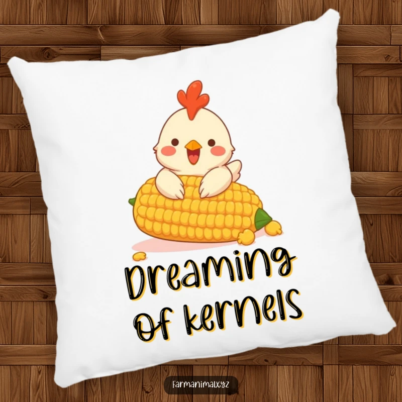 Funny pillow featuring a cheerful chicken pecking at a giant corn cob, perfect for cozying up.