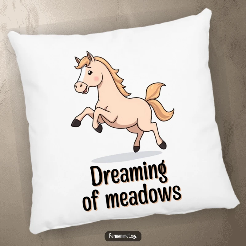 Funny Horse Gallop Pillow: A plush pillow showcasing a playful horse kicking its legs high in a gallop, adding comfort and charm.