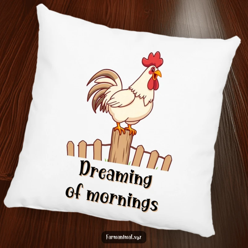 Funny Rooster Crowing Pillow with a happy rooster loudly crowing on top of a fence post, soft and amusing.