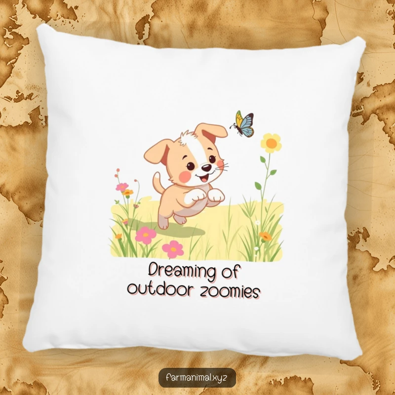 Funny puppy pillow featuring a playful dog chasing a butterfly in a sunny meadow, adding a touch of heartwarming joy.