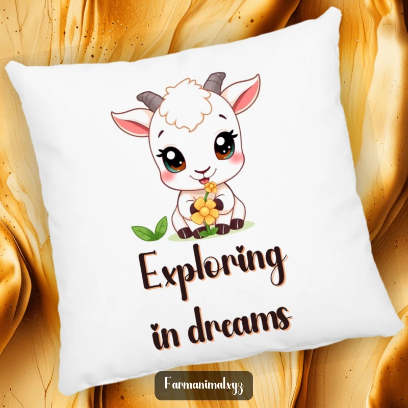 Funny goat pillow featuring a curious goat with large, round eyes, nibbling a small flower.