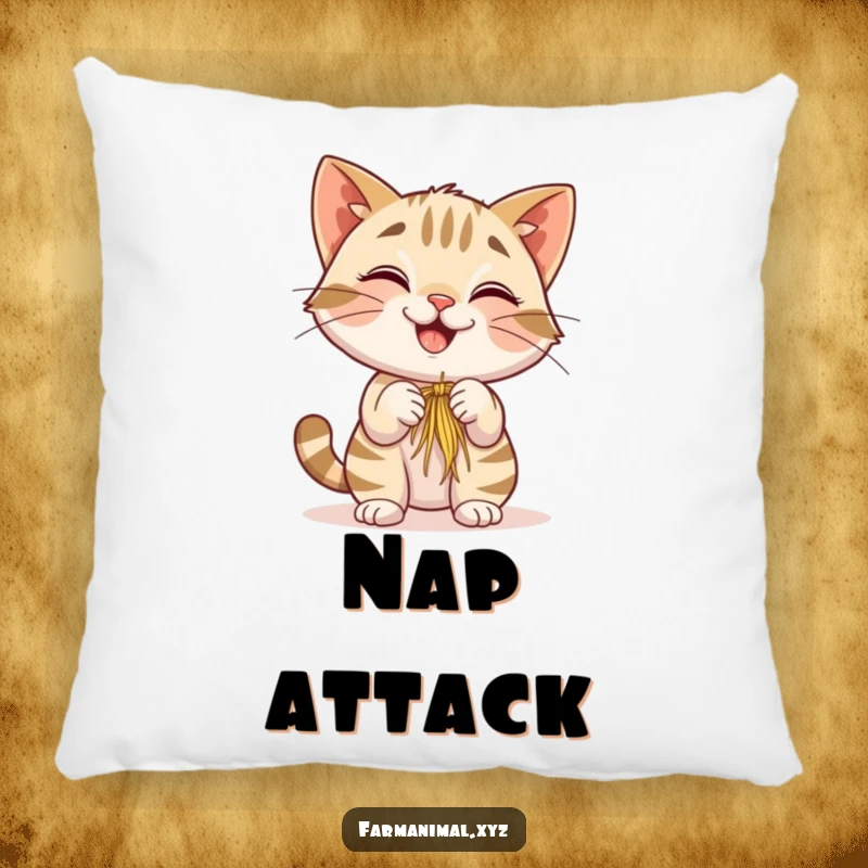 Funny Barn Cat Pillow showcasing a smiling cat playfully batting at hay, offering decorative comfort and a touch of humorous farm life.