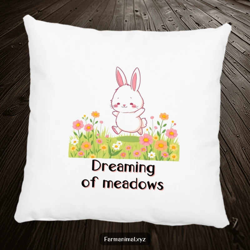 Funny bunny pillow featuring a fluffy bunny character happily hopping through a wildflower field, offering comfort and spring-themed charm.