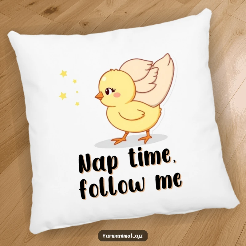Funny chick peeking out from behind its mother on a soft pillow, a sweet and humorous decorative accent.