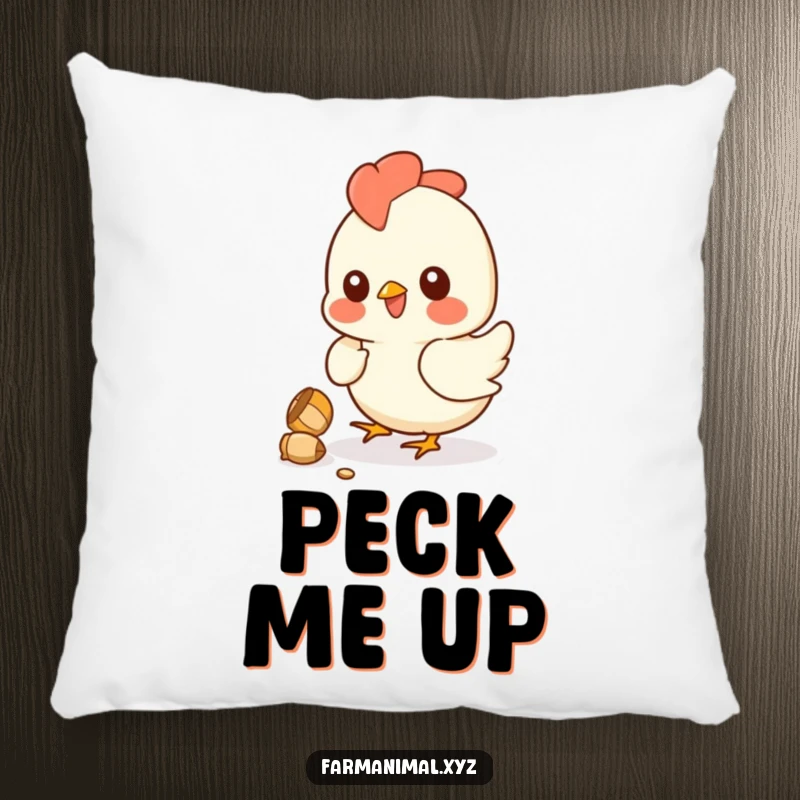 Funny chicken pillow featuring a smiling hen peck-pecking at a kernel, bringing soft, humorous farmyard charm to any seating area.