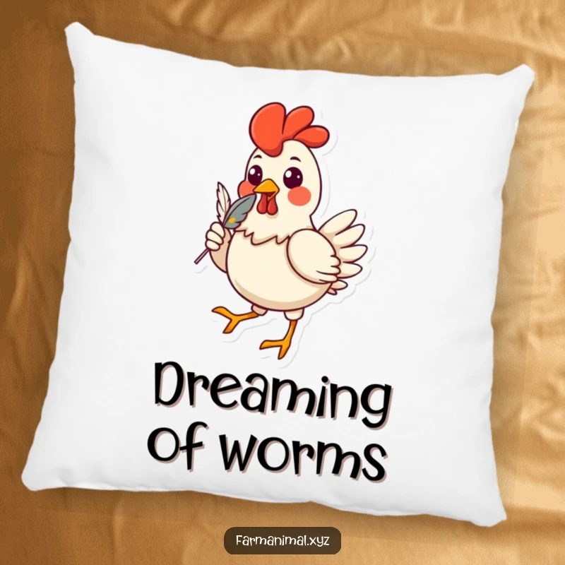 Funny chicken pillow featuring a cheerful strutting character with a feather in its beak, offering soft comfort and humorous decor.