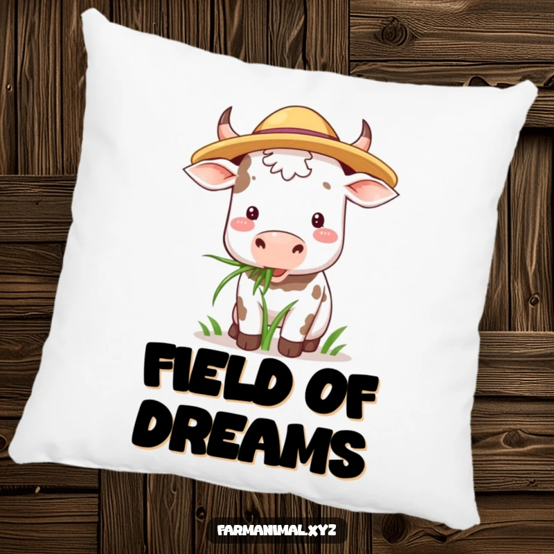 Funny Cow Pillow: A cow wearing a straw hat contentedly chews grass, offering comfort and a peaceful farm vibe.