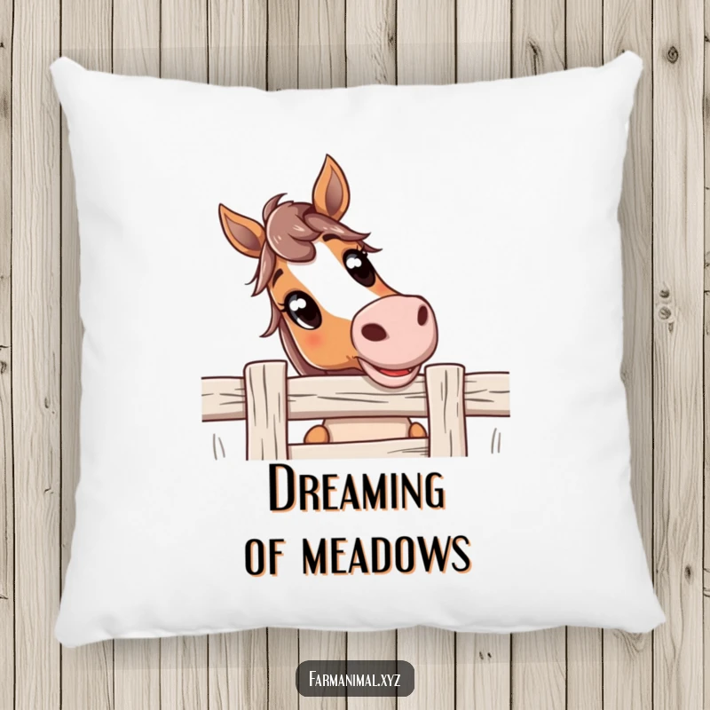 Funny Horse Pillow showcasing a curious horse with large, friendly eyes peering over a fence, offering decorative comfort and farm-themed humor.