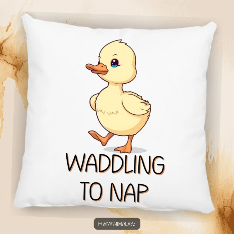 Funny determined duckling waddling with purpose, depicted on a plush pillow, offering humorous and motivational farm animal comfort.