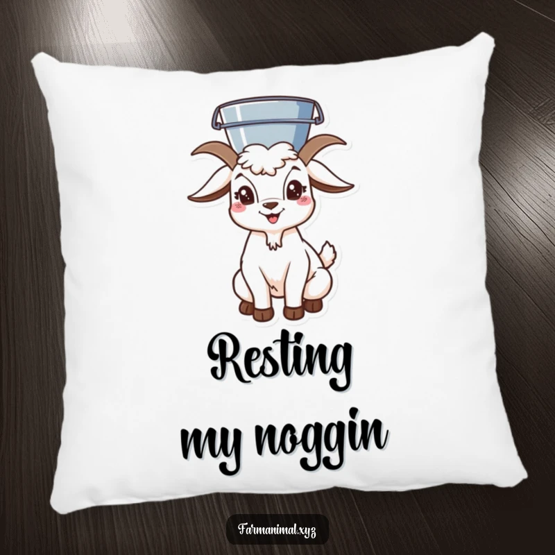 Funny goat character balancing a bucket on its head, a soft and decorative pillow for adding quirky charm.