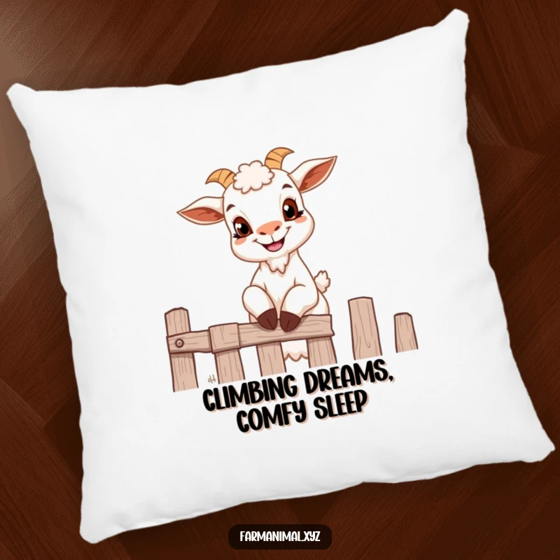 Funny goat pillow with a small goat grinning mischievously while trying to climb a fence.