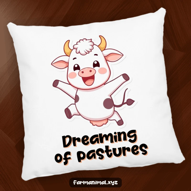 Funny jumping cow pillow, joyfully leaping, soft and inviting, bringing farmyard cheer and humor.