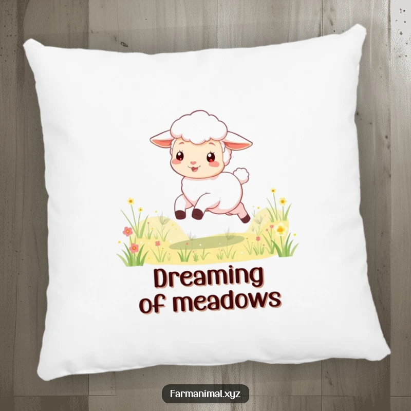 Funny lamb pillow featuring a playful character skipping through a meadow, offering soft comfort and adorable, humorous decorative flair.